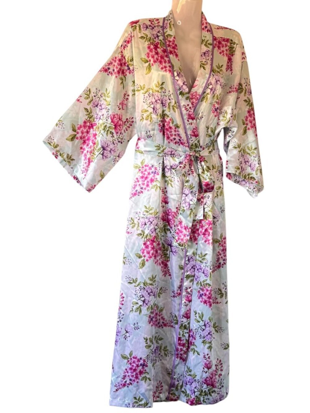 Morgan Taylor Maxi Robe Pearl Color Satin Pink Lavender Floral Pockets Belt S/M